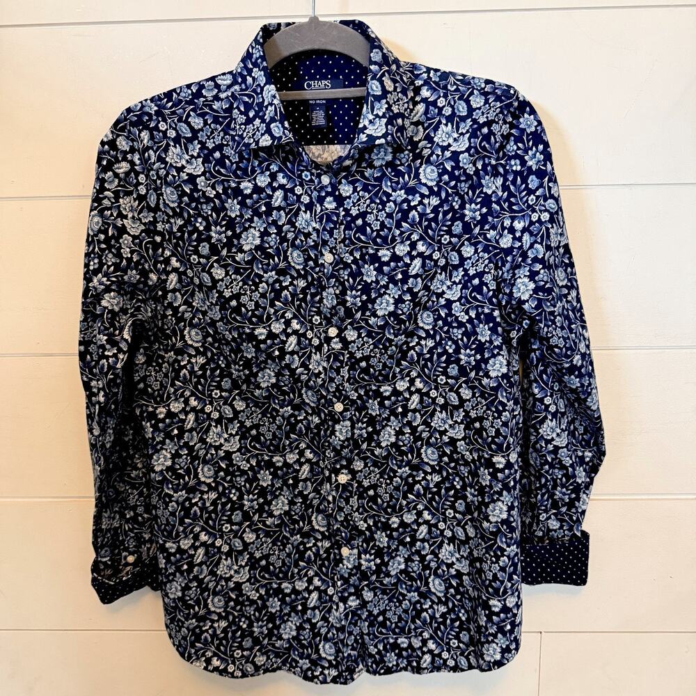 CHAPS Womens Button Up Blue White Floral Long Sleeve No Iron Flip Cuff Workwear